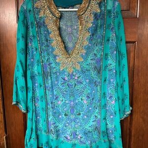 Soft Surroundings Turquoise and Gold Embellished Tunic